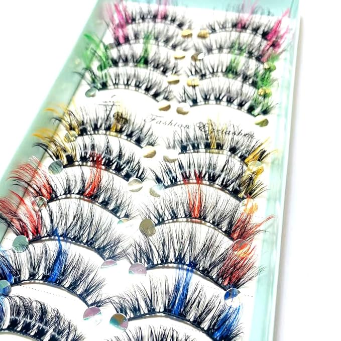 Sunniess Ombre Colored Lashes Silk Protein Fluffy Wispy Volume Fake Lashes for Halloweens Cosplay Party Stage Russian D Curl Lashes with Color Make up Faux Mink False Eyelashes