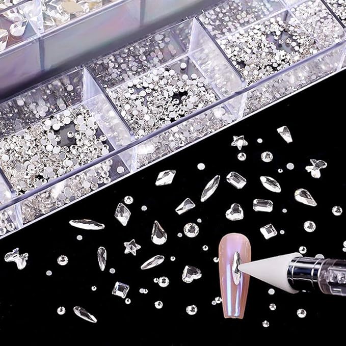 3100Pcs Nail Crystal Rhinestones Kit, Mix Shapes AB Glass, 3D Diamonds Flatback Crystals, with a Drill Pen, Nail Crystal Non Hotfix, Nail Art Decoration(White Rhinestone)