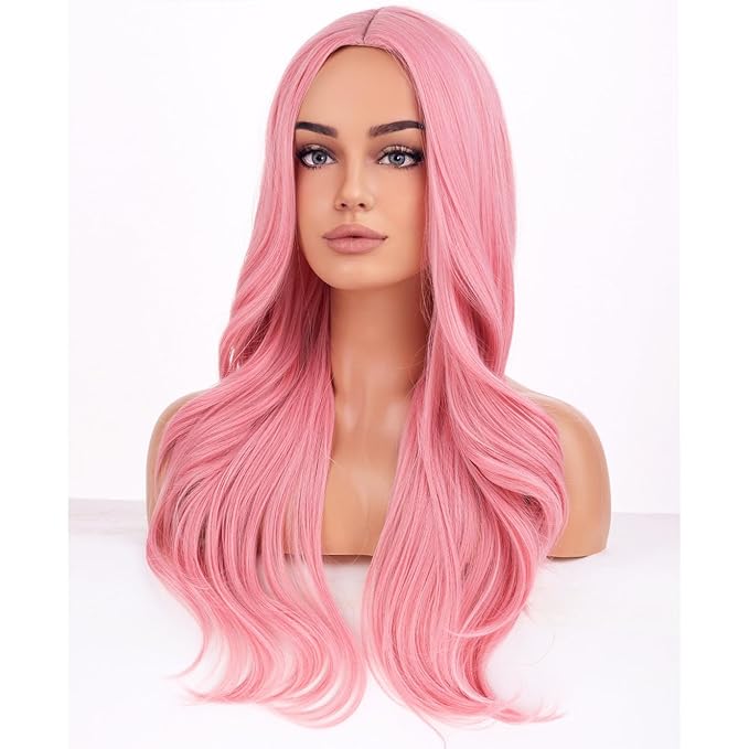 BERON Pink Wigs Long Wavy Wig for Women Natural Curly Pink Colorful Heat Resistant Synthetic Hair Wigs for Cosplay Party Daily or Use