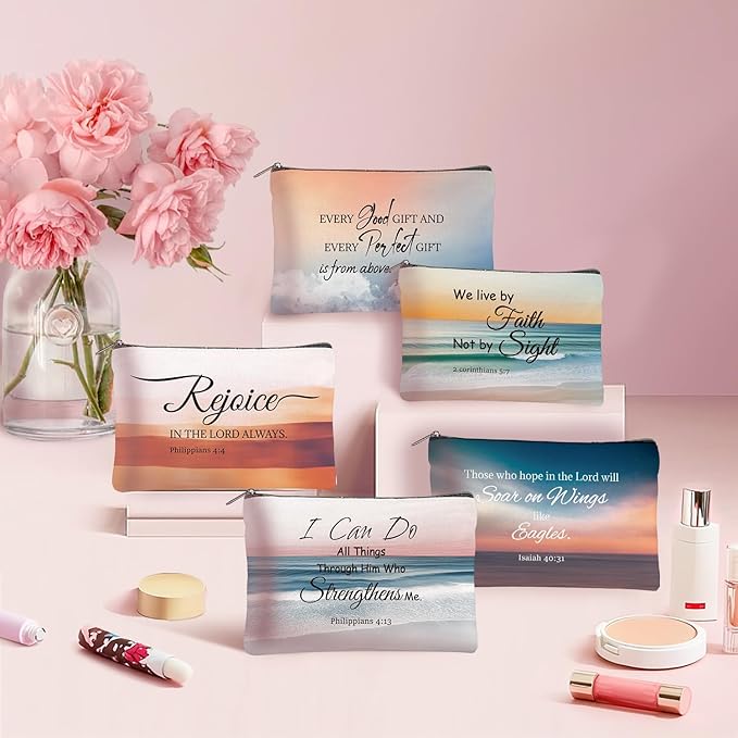 20PCS Christian Inspirational Cosmetic Bags for Women Religious Makeup Bags Bulk Christian Gifts for Women Bible Verse Canvas Zipper Pouch for Mother's Day Sister Employee Gifts(Scenery)