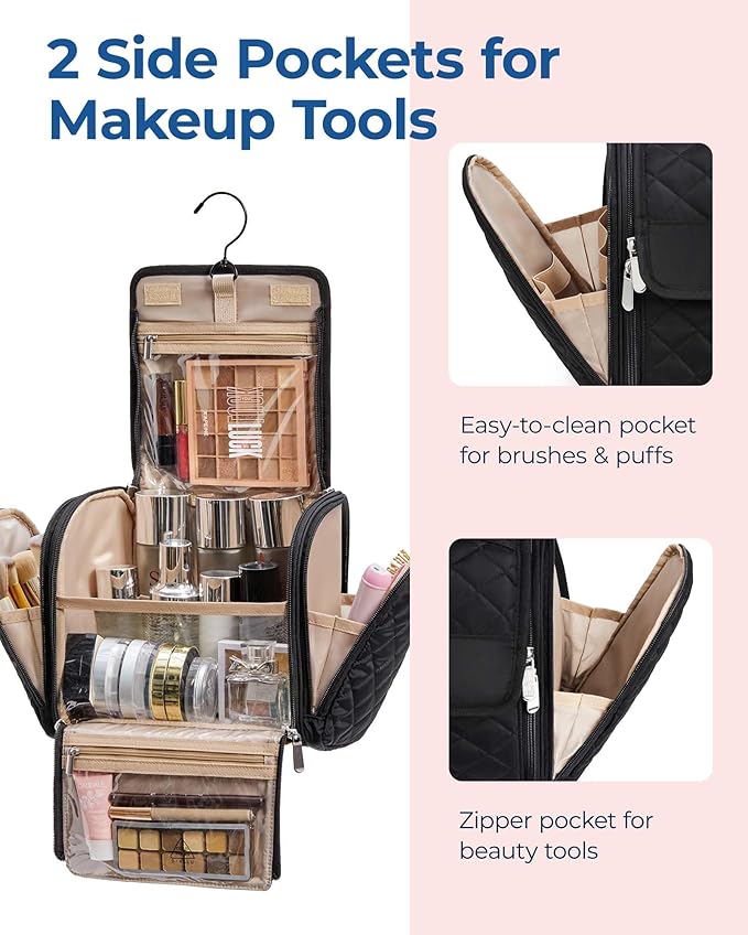 BAGSMART Makeup Bag for Women with Hanging Hook, Large Portable Capacity Water-resistant Organizer Travel Case for Toiletries and Cosmetics, Brown