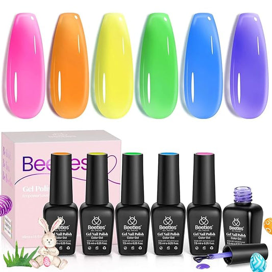 Beetles Neon Gel Nail Polish Set, 6 Summer Colors Jelly Gel Polish Kit Pink Orange Yellow Blue Green Purple Sheer Translucent Effect Soak Off UV French Nail Art Manicure Gifts for Girls Women