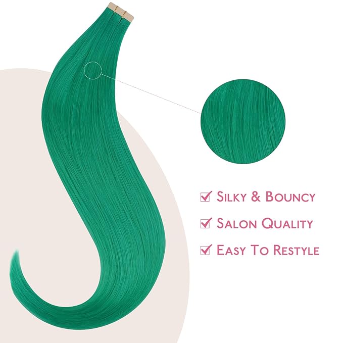 Wennalife Tape in Hair Extensions Human Hair Green Tape in Extensions, 10pcs 25g 14 inch Remy Invisible Tape Ins Straight Colored Soft Real Human Hair Tape in Extensions Refill Set Extensions