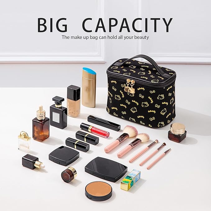 AmBealla Make up Bag Travel Cosmetic Bags Brush Holder Zipper Pouch Case Organizer Cute Organizer Suitable for Purse for Women (Black 2PCS)