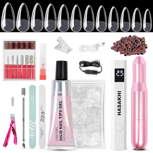 Gel X Nail Kit: All-in-1 Beginner Gel Nail Kit with Nail Drill Handheld UV Light 30g Solid Nail Glue Gel 504PCS Nail Tips Acrylic Nail Kit Home Salon DIY Nail Art Gel Kit Manicure Gift (Almond)