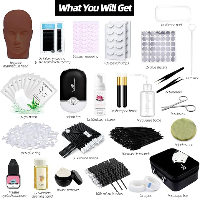 Lash Extension Kit Professional Eyelash Grafting Training Tools Mannequin Head USB Fan Lash Shampoo 0.07D Curl Mix 8-15mm Glue Practice Eyelash Strips Lash Mapping,Exercise Set for Beginner