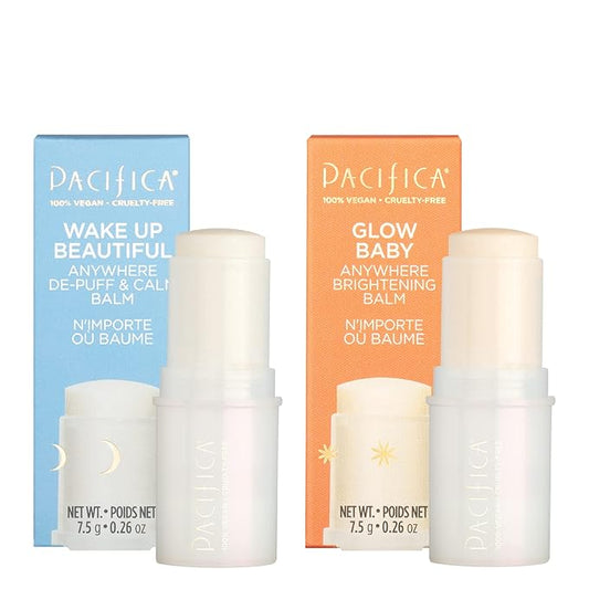 Pacifica Anywhere Stick Body Serum Set – Glow Baby Vitamin C Brightening Balm + Wake Up Beautiful De-Puff Balm Duo, 2-Pack Vegan Face Sticks
