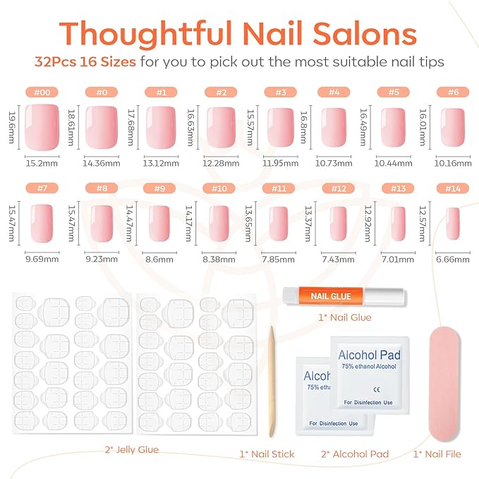 Modelones Pink Press on Nails, Spring Easter Short Square Fake Nails, Reusable Nail Kit with Nail Glue Adhesive Tabs Mini Nail File, Nails Press Ons 32Pcs 16Sizes, Women Girl Gift