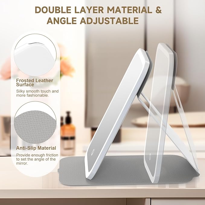 Mocado Travel Makeup Mirro with Lights, 360° Rotation Lighted Makeup Mirror, Portable Mirror with 10x Magnification, 60LEDs 3 Color Lightings, Dimmable Touch Screen, Tabletop Light up Mirror(White)