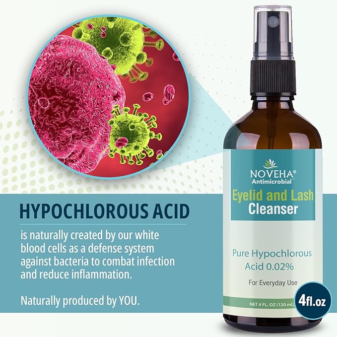 NOVEHA Eyelid and Lash Cleanser | Effective Relief from Irritation, Dry Eyes, Styes & Blepharitis, Pure and Gentle Hypochlorous Acid 0.02% Spray 120ml (4oz)