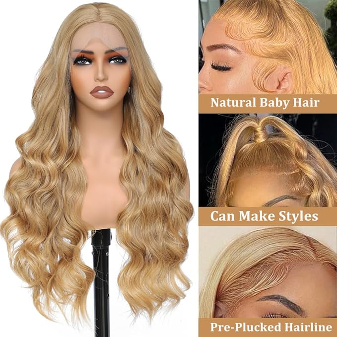30 Inch Synthetic Lace Front Wig for Women - Honey Blonde HD Lace Wig - Glueless Pre Plucked Bleached Knots - Body Wave - Heat Resistant Fibre 180% Density