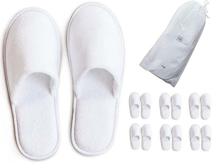 MODLUX Spa Slippers, 6-12 Pairs Cotton Velvet Closed Toe Disposable Slippers for Guests with Travel Bags, House, Indoor, Bathroom, Bedroom, Hotel, Bride Slippers