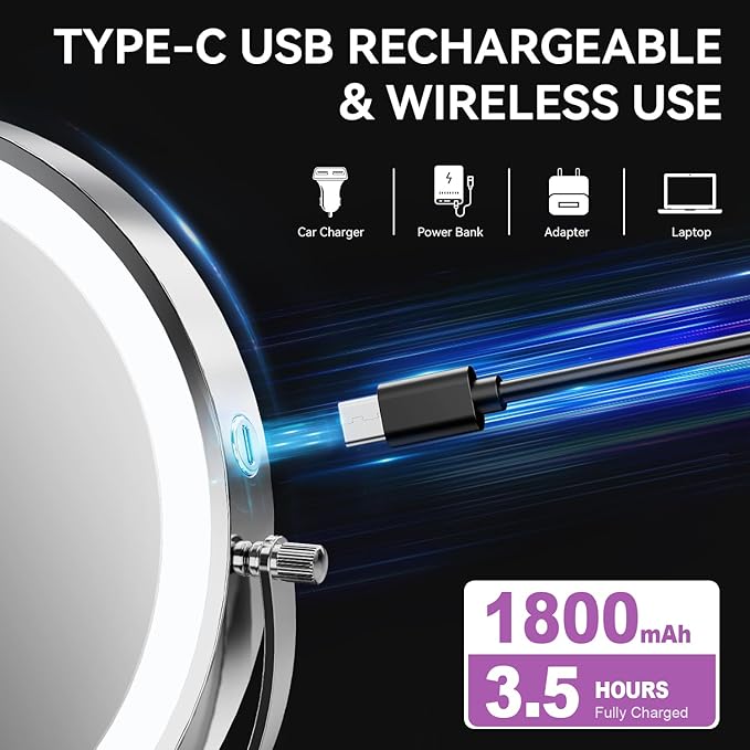 8" Lighted Makeup Mirror Rechargeable 1X/10X Magnifying Mirror with 3 Dimmable Colors Light, Double Sided Vanity Mirror with Stand, 360° Rotation Touch Screen Tabletop, Chrome