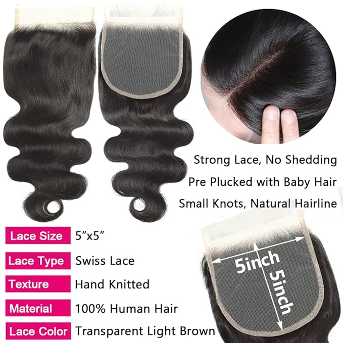 Body Wave Bundles with Closure Brazilian 3 Bundles with Closure (16 18 20+14) Unprocessed Virgin Human Hair Body Wave Bundles with 5x5 Lace Closure Free Part