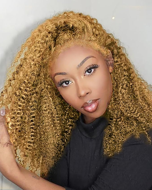 4C Edges HD Lace Front Wig Human Hair Honey Blonde Kinky Curly Wig, 13x4 Lace Frontal Kinkycurly Wigs with 4C Kinky Edges Hairline Pre-Plucked 180% Density 22 inch
