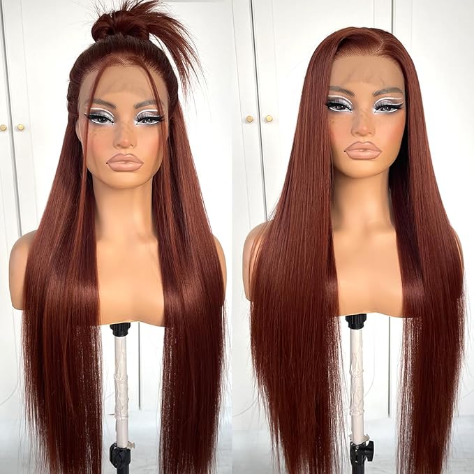 360 Reddish Brown Lace Front Wig Pre-Plucked Straight HD Glueless Lace Front Wig Synthetic Red Brown Long Straight Lace Front Wig 32inch