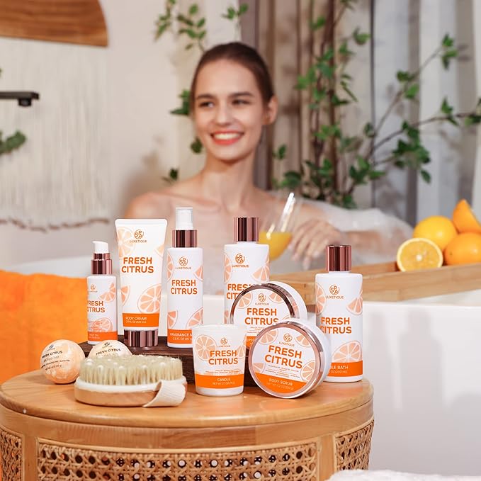 Gifts Baskets for Women Spa Luxetique 12 Pcs Bath Set Basket Luxury Self Care Kit Gift for Her Fresh Citrus Gift Set with Bubble Bath, Bath Bomb, Body Oil, Relaxing Spa Set, Birthday Gifts for Women