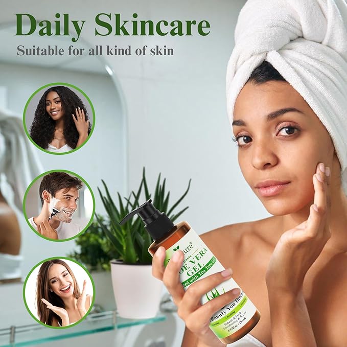 Aloe Vera Gel with Tea Tree Oil for Face & Body, Freshly-cut Aloe Vera Gel Ideal for Skin, Scalp, & Hair Hydration, Calming Moisturizer for Soothing After Sun Care Relief, 6.93 oz