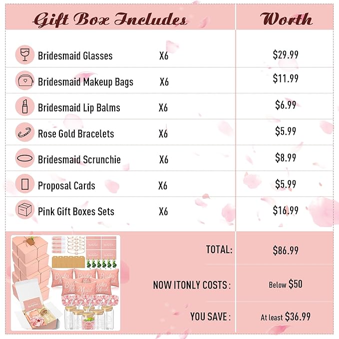 54 Pcs Bridesmaid Proposal Gifts Bridesmaid Box Set Include Bridal Shower Gift Box Makeup Bag Invited Card Glass Cup Lip Balm Scrunchie Hair Knotted Bracelet for Maid of Honor(Pink)