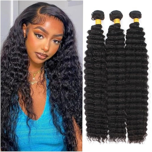 12A Brazilian Deep Wave Human Hair 3 Bundles 20" 22" 24" 300g Pineapple Deep Wave Bundles 100% Unprocessed Virgin Remy Hair Bundles Deep Curly Human Hair Weft for Black Women Natural Color