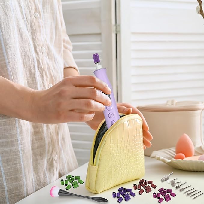 Cordless Electric Nail File Set, 10 Speeds Professional Manicure Pedicure Kit with LED Light & LCD Screen, Portable Nail Drill for Natural & Acrylic Nails, Human & Pet Thick Toenails (Purple)