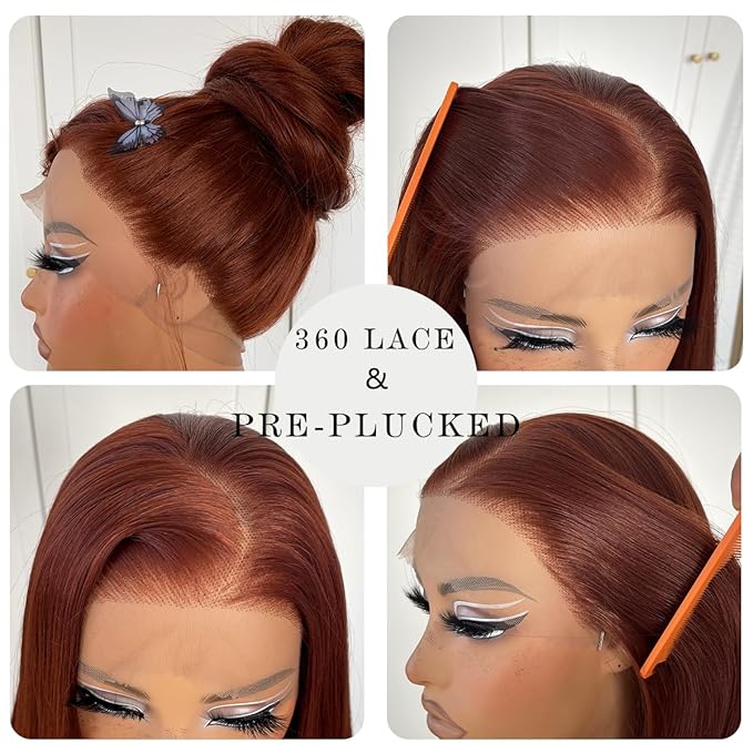 360 Reddish Brown Lace Front Wig Pre-Plucked Straight HD Glueless Lace Front Wig Synthetic Red Brown Long Straight Lace Front Wig 32inch