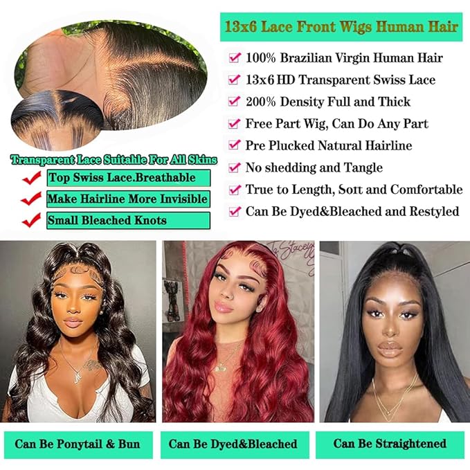 13x6 Body Wave Lace Front Wigs Human Hair Pre Plucked 200% Density Glueless Wigs Human Hair 26 Inch HD Transparent Lace Frontal Wigs Human Hair Wigs for Black Women With Baby Hair