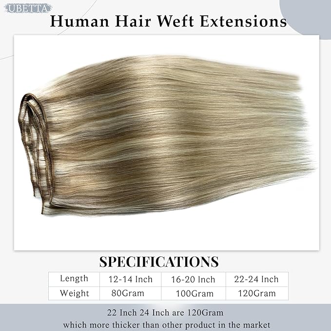 Sew in Hair Extensions Real Human Hair Ash Blonde Balayage Blonde Hand Tied Weft Hair Extensions Human Hair Bundles 14 Inch 80G Sew in Weft Hair Extensions Human Hair Weave Sew in Weft Extensions