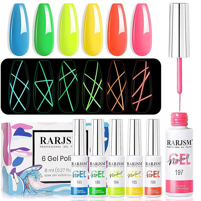 RARJSM Glow In The Dark Gel Liner Art Set - Luminous Painting Gel For Neon Nail Art - Hot Pink, Yellow, Green, Blue, Orange Colors - Christmas Kit