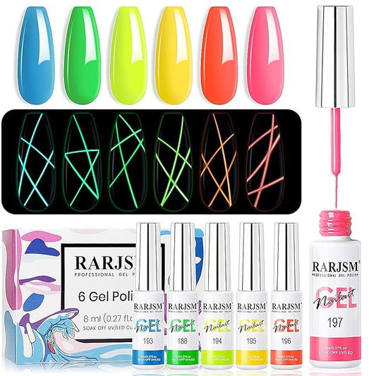 RARJSM Glow In The Dark Gel Liner Art Set - Luminous Painting Gel For Neon Nail Art - Hot Pink, Yellow, Green, Blue, Orange Colors - Christmas Kit