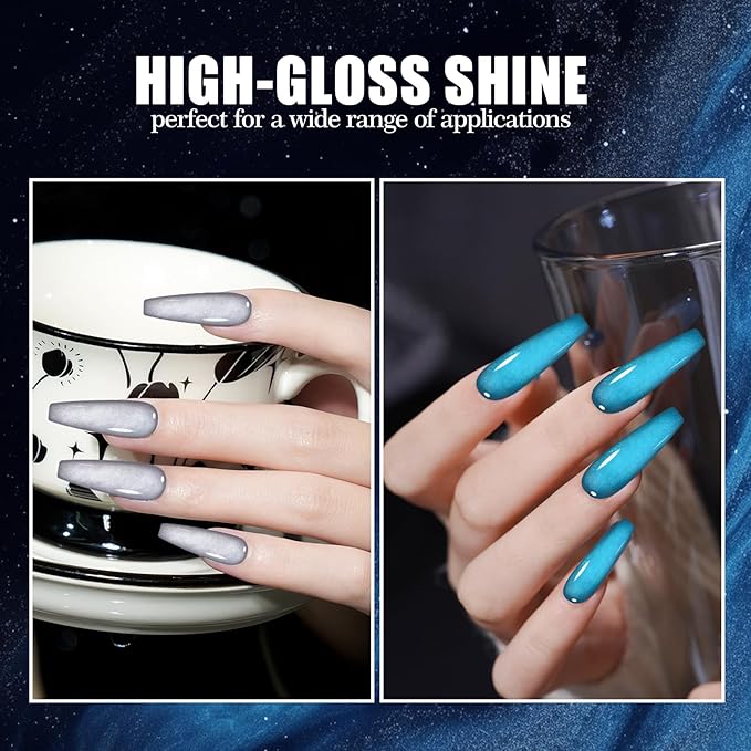 Adhere 6Pcs 12ML Cat Eye Soak Off UV LED Gel Nail Polish Set, Colorful Light Ultrafine Magnetic Powder Blue Purple White Green Silver Cat Eye with Magnet