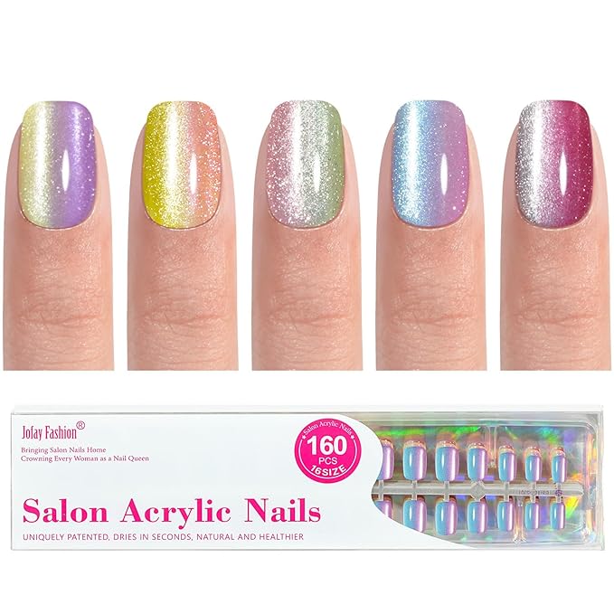 Press on Nails Short - 5 Styles Unique Two-color Ombre Square Cat Eye Press on Nails, Bt Art Box Press On Nails, Soft Gel x Coat Nails False Nails in 16 Sizes - 160 PCS Stick On Nails Kit