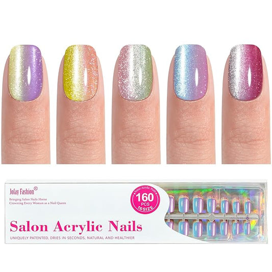 Press on Nails Short - 5 Styles Unique Two-color Ombre Square Cat Eye Press on Nails, Bt Art Box Press On Nails, Soft Gel x Coat Nails False Nails in 16 Sizes - 160 PCS Stick On Nails Kit