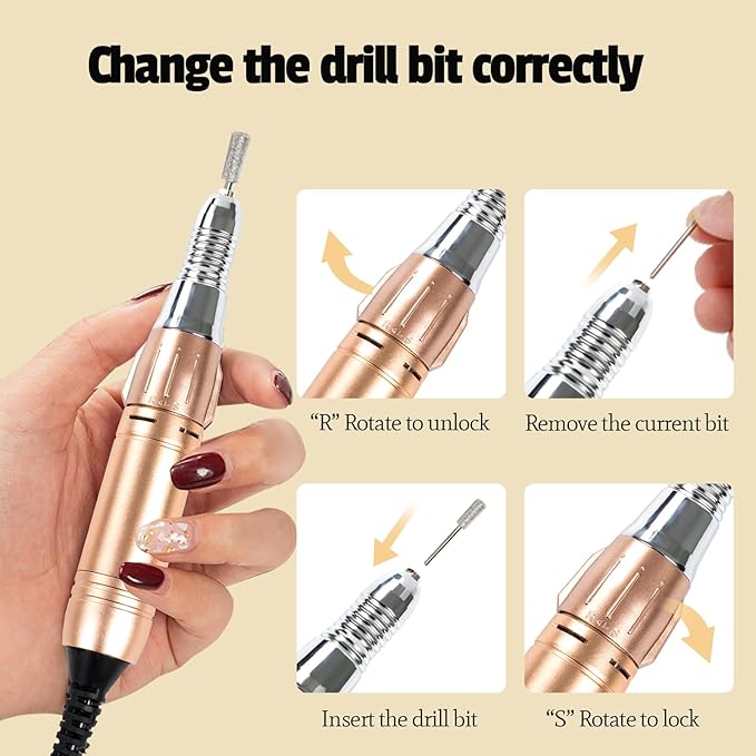 Professional Electric Nail Drill, USB Portable Nail E File Cordless Machine Set for Acrylic Gel Nails, Manicure Pedicure Fast Removal Tool with Nail Drill Bits Sanding Manicure Salon Home (Gold)