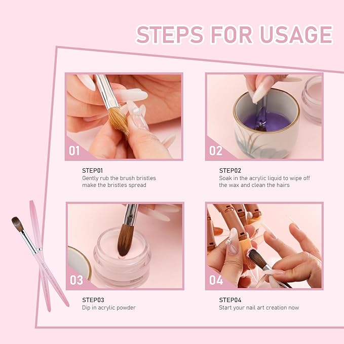 Acrylic Nail Brush Size 08, 100% Pure Kolinsky Nail Brush for Acrylic Application, Professional Nail Extension Manicure Tool Nail Drawing Pen for DIY Home Salon(Pink)