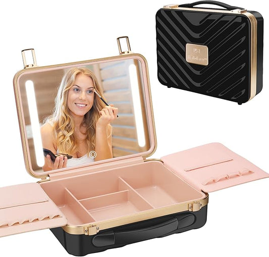 Kalolary Travel Makeup Train Cases with Lighted Mirror 3 Color Setting, Makeup Bag Cosmetic Case Organizer Adjustable Brightness Portable Makeup Storage Box For Makeup Brushes Accessories Tools,Black