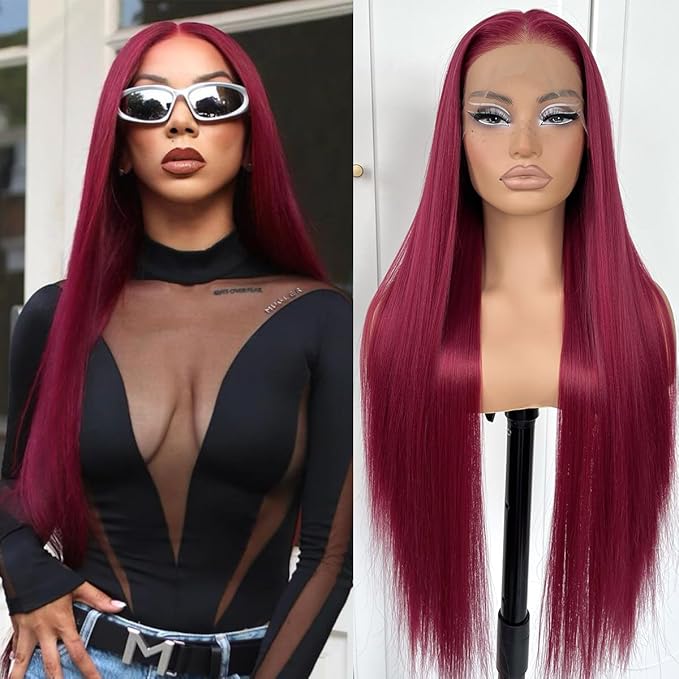13x6 Red Straight HD Lace Front Wig Pre-Plucked Glueless Long Straight 99j Burgundy Lace Front Wigs Synthetic Red Wear And Go Lace Front Wigs