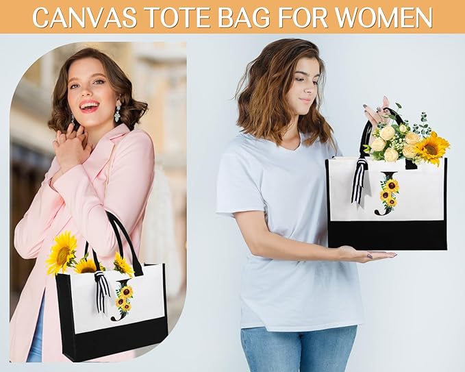 Personalized Gifts for Women, Monogrammed Gifts for Women, Initial Monogram Gifts Sunflower Birthday Gifts for Women Mom Sister Best Friends - Monogrammed Canvas Tote Bag & Makeup Bag & Glass Cup J