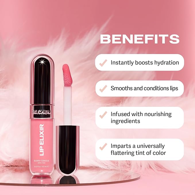Sacheu Lip Elixir Nourishing and Hydrating Lipgloss — Moisturizing Plumping Lip Gloss Enriched with Collagen, Non-Sticky Lip Color Smooth High-Shine Finish, Vegan & Cruelty-Free, Bunny Tongue (Pink)