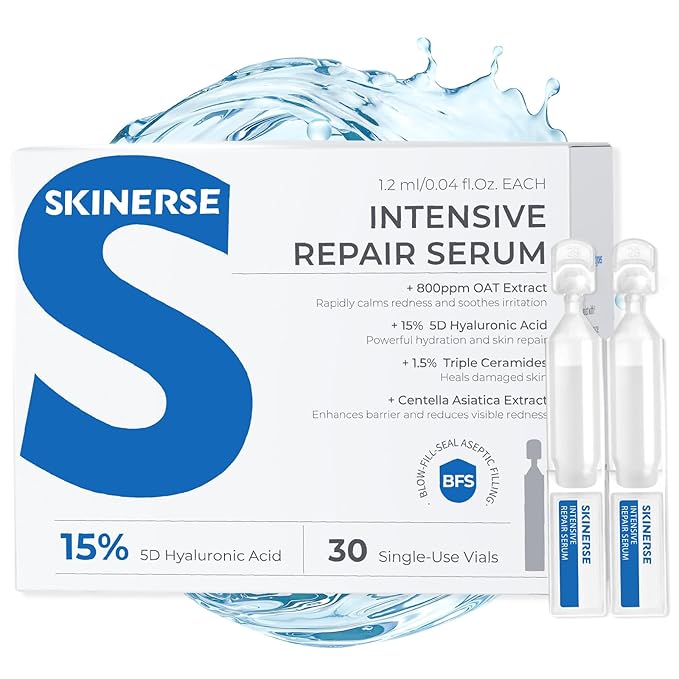 Intensive Repair Serum, 15% Hyaluronic Acid Serum with Ceramides and Centella Extract, Barrier Repair Redness Reilef Rosacea Treatment for Face Sensitive Acne Prone Skin, 30 Vials