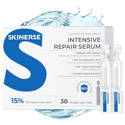 Intensive Repair Serum, 15% Hyaluronic Acid Serum with Ceramides and Centella Extract, Barrier Repair Redness Reilef Rosacea Treatment for Face Sensitive Acne Prone Skin, 30 Vials
