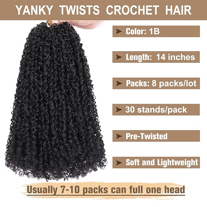 COOKOO 14 Inch Pre Twisted Micro Yanky Twists Crochet Hair 8 Bundles/Lot Yanky Twist Passion Twist Crochet Hair Pre Looped Spring Twist Crochet Hair Kinky Curly Twist Crochet Hair for Women 1B#