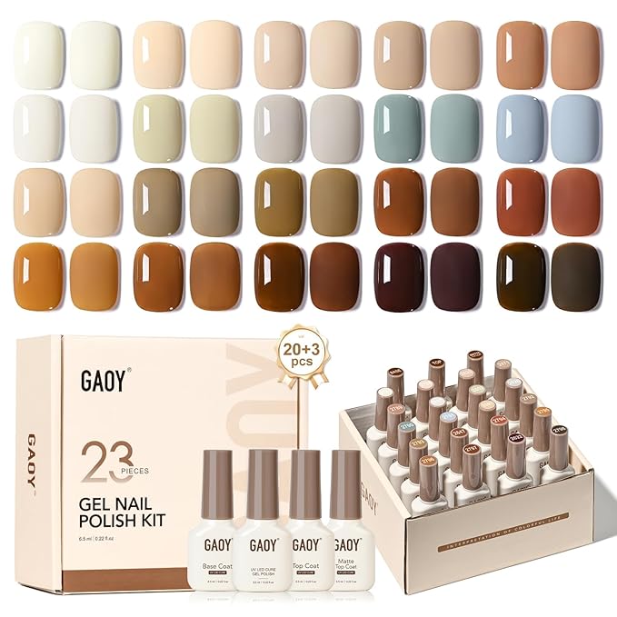 GAOY 23 Pcs Gel Nail Polish Kit - White, Blue, Brown Colors - All Seasons Gel Nail Polish Set with Glossy & Matte Top Coat and Base Coat for Nail Art DIY Kit