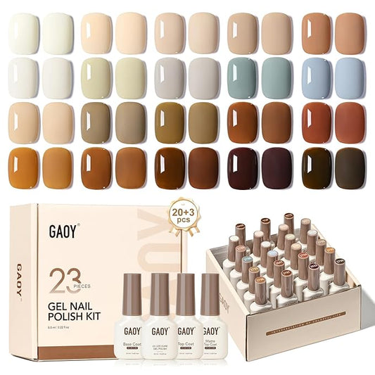 GAOY 23 Pcs Gel Nail Polish Kit - White, Blue, Brown Colors - All Seasons Gel Nail Polish Set with Glossy & Matte Top Coat and Base Coat for Nail Art DIY Kit