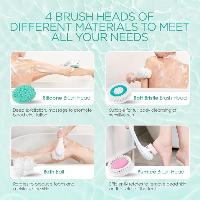 VOYOR Electric Body Brush Back Scrubber for Shower Rechargeable Exfoliating Bath Brush Powered Shower Brush with Non-Slip Long Handle Deep Cleansing, Exfoliation, Massaging Spin Brush BC100 (Blue)