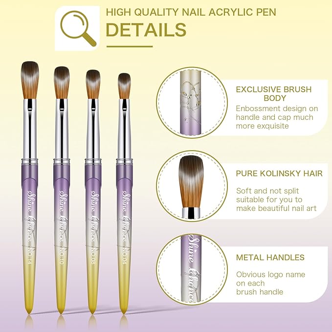 4Pcs Acrylic Nail Brushes Set, Kolinsky Acrylic Nail Art Brush, Art Design & Polish Mistake Cleaning Manicure Tools for Women Acrylic Application (Size 4 8 10 14)