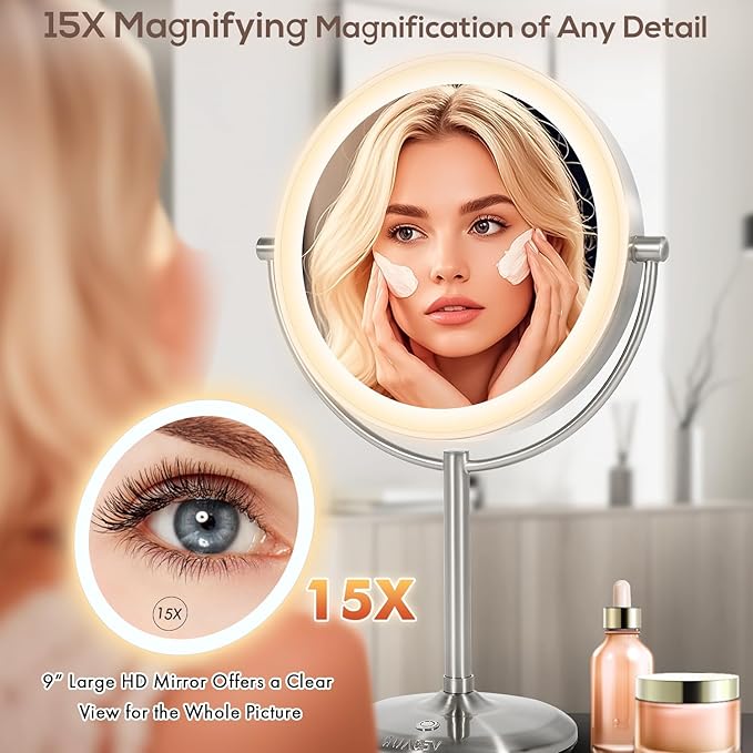 VESAUR 1X15X HD Lighted Makeup Mirror, 9" Large 5000mAh Rechargeable Double Sided Magnifying Mirror with 3 Touch Dimmable Light, 360°Rotation Detachable for Travel Vanity Mirror, Pearl Nickel, Gifts