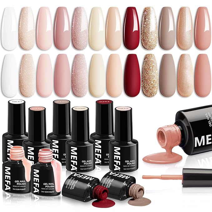 MEFA Gel Nail Polish Set, 12 Colors Champagne Gold Glitter Gel Polish Set Burgundy Red Nail Polish Soak Off Dark Red Brown Shimmer Nude Pink Gifts for Women Girl DIY Salon Home Manicure
