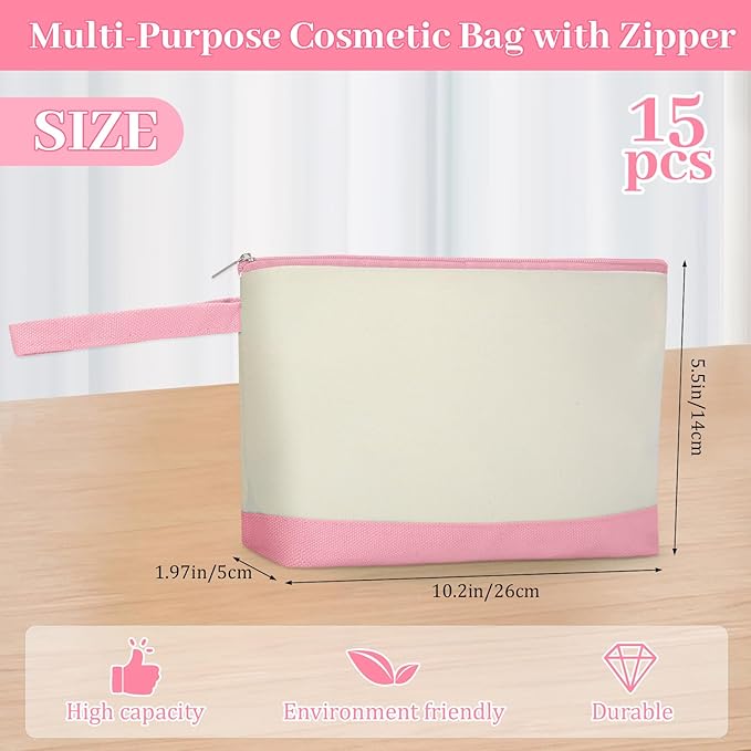 Silkfly 15 Pcs Cotton Canvas Makeup Bags Canvas Cosmetic Bag 10.2 x 5.5 x 2 Inches Two Tone Makeup Bags Bulk with Zipper Blank DIY Pouch with Bottom Travel Toiletry Pouch for Women (Cute)