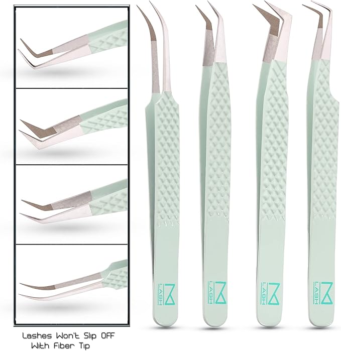 M LASH Tweezers for Eyelash Extensions (Set of 4) - Professional Lash Extension Tweezers - Fiber Tip, Japanese Steel, Diamond Grip Eyelash Extension Tweezer (ET-GRN)
